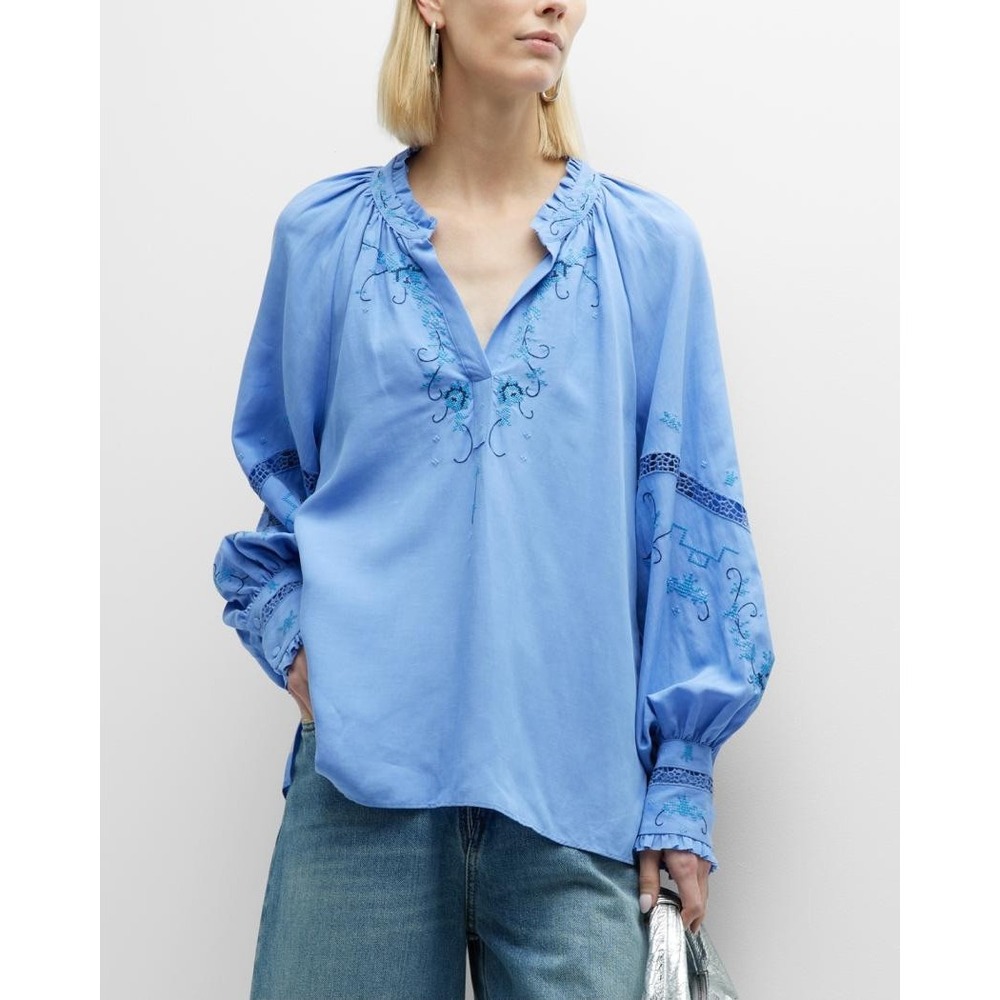 Kobi Halperin Farrah Embroidered Blouse Blue Eyelet Linen Blend Large Floral